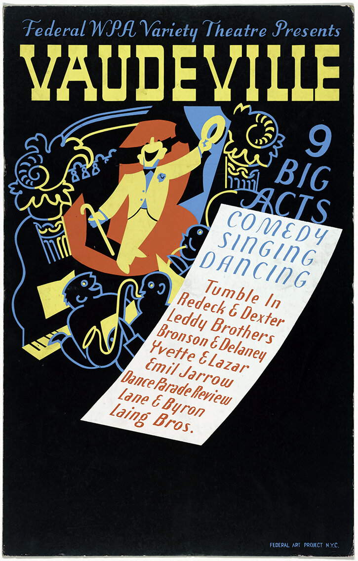 This brightly colored poster advertises a vaudeville show by picturing a smiling energetic performer dressed in a yellow suit and holding a yellow ring and a dancing cane. Behind him a crowd of energetic musicians and audience members are drawn in cartoon style. The poster’s black background helps to highlight the bright yellow text that reads “Vaudeville.” Blue text promises “9 Big Acts,” which include Comedy, Singing, and Dancing. A white banner lists the names of specific performers.
